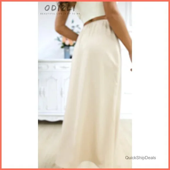 Satin Silk High Waist Ruffle A-Line Maxi Skirt Tulip Hem
